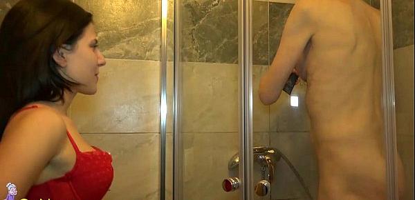  Old lady and cute teen shower and toysex